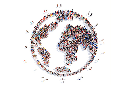 A large group of people in the form of planet earth. Isolated, white background.