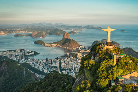 Aerial view of christ and botafogo bay from high angle.