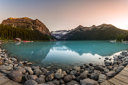 Turquoise, glacier-fed Lake Louise at Sunset Banff National Park Alberta Canada