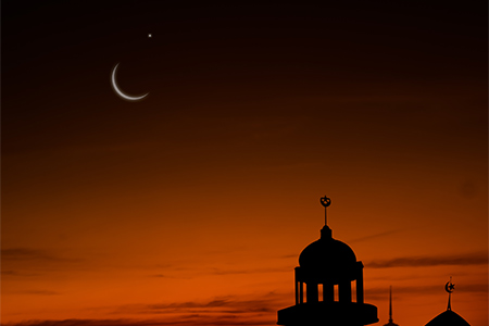 Mosques Dome in twilight night with Crescent Moon and sky dark black background