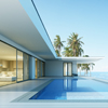 Perspective of modern house with swimming pool on sea background, Exterior. 3d rendering