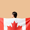 Young woman with national flag of Canada on color background