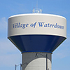 Close up of watertower. Village of Waterdown written on tower