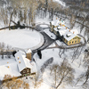 aerial view of houses in a town during winter